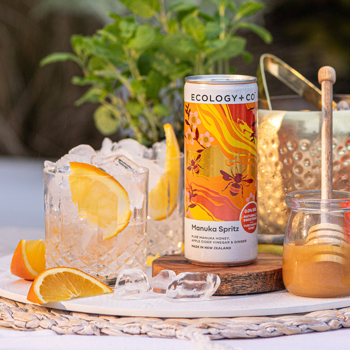 Ecology & Co Manuka Spritz drink on garden table